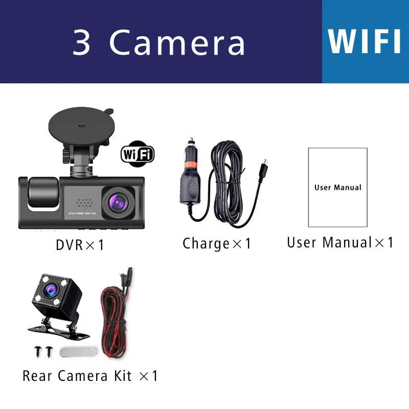 3 Camera WIFI Dash Cam 1080P Three Way Channel
