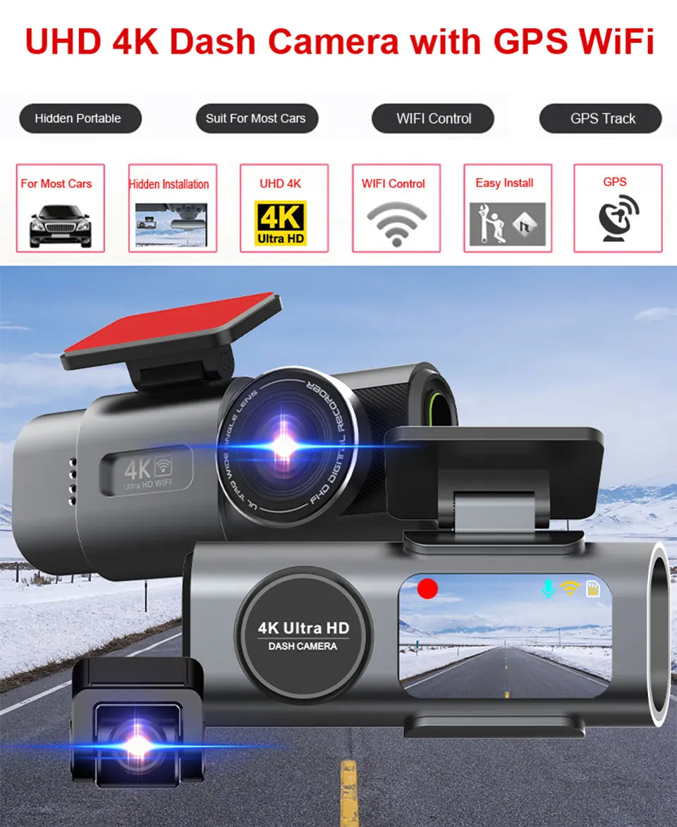 Dash Cam 4K UHD Recording Car Camera Night Vision Built-In Wi-Fi Support GPS 24H