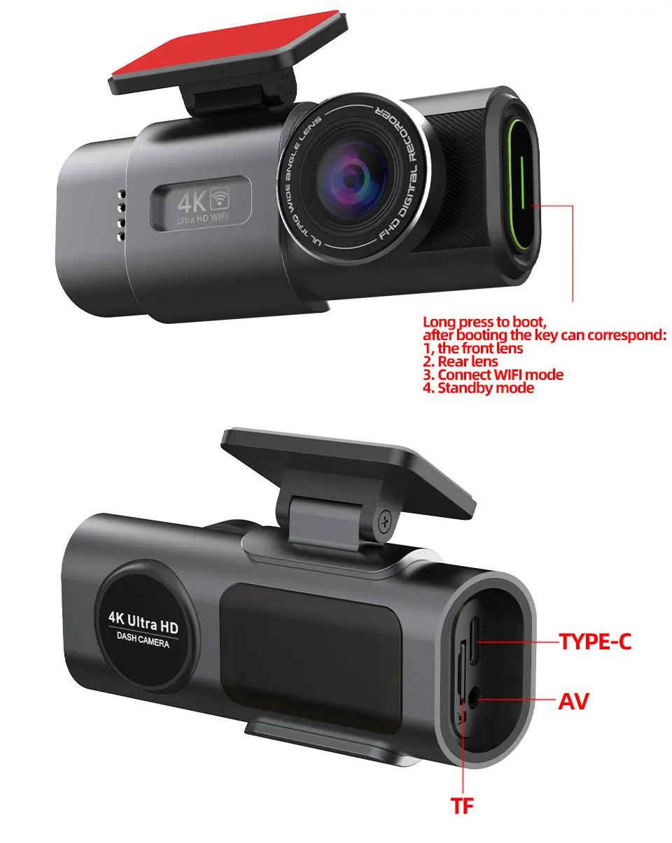 Dash Cam 4K UHD Recording Car Camera Night Vision Built-In Wi-Fi Support GPS 24H