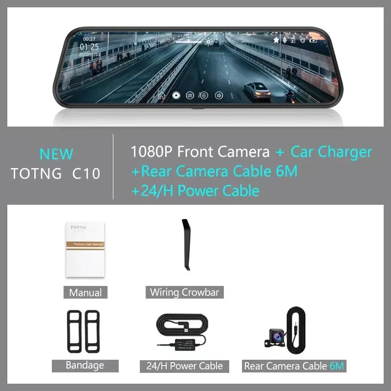 10 Inch Touch Screen Video Recorder Rearview Front and Rear Camera Mirror