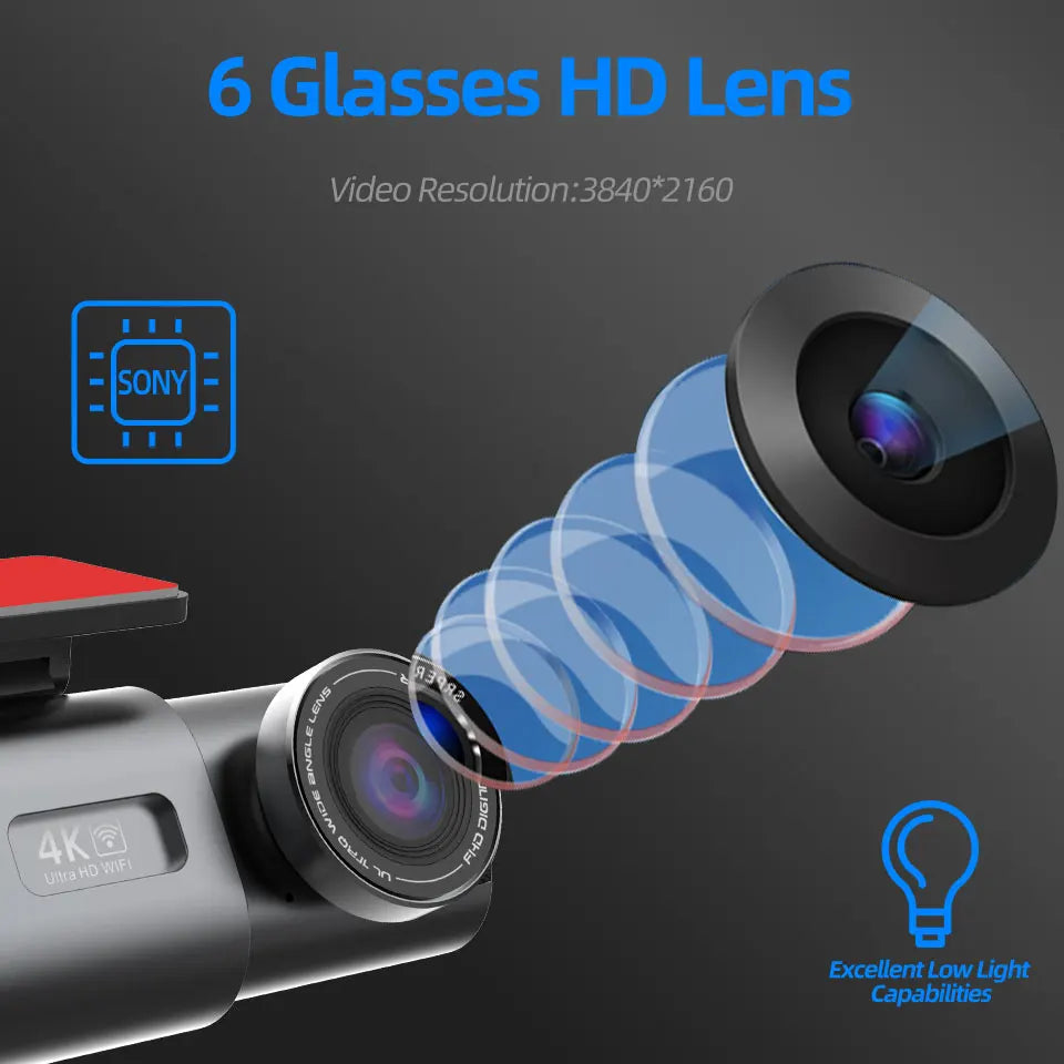 Dash Cam 4K UHD Recording Car Camera Night Vision Built-In Wi-Fi Support GPS 24H