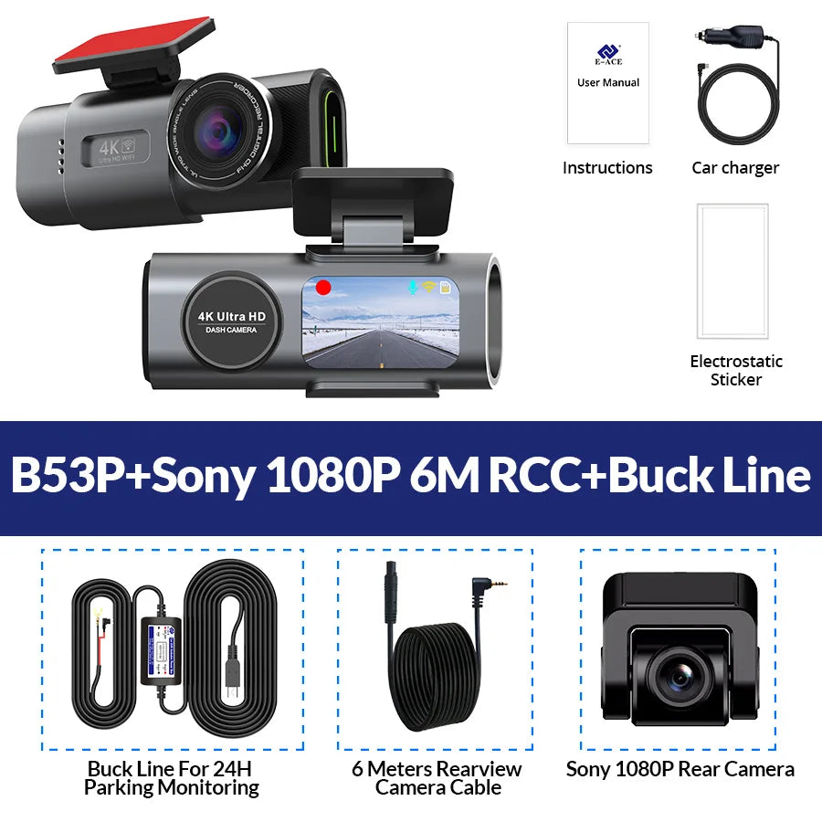 Dash Cam 4K UHD Recording Car Camera Night Vision Built-In Wi-Fi Support GPS 24H