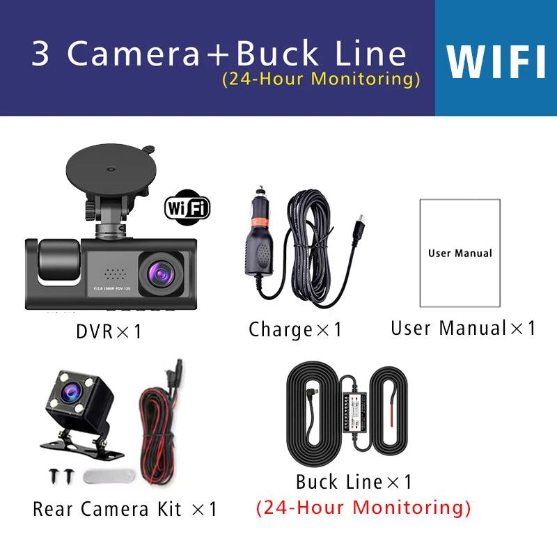 3 Camera WIFI Dash Cam 1080P Three Way Channel
