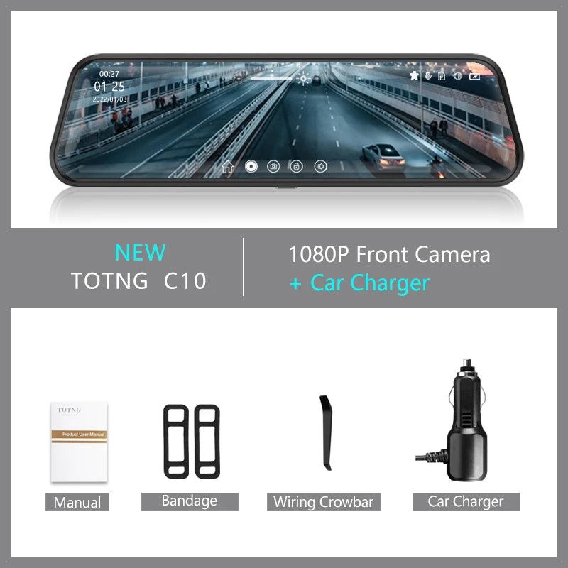 10 Inch Touch Screen Video Recorder Rearview Front and Rear Camera Mirror