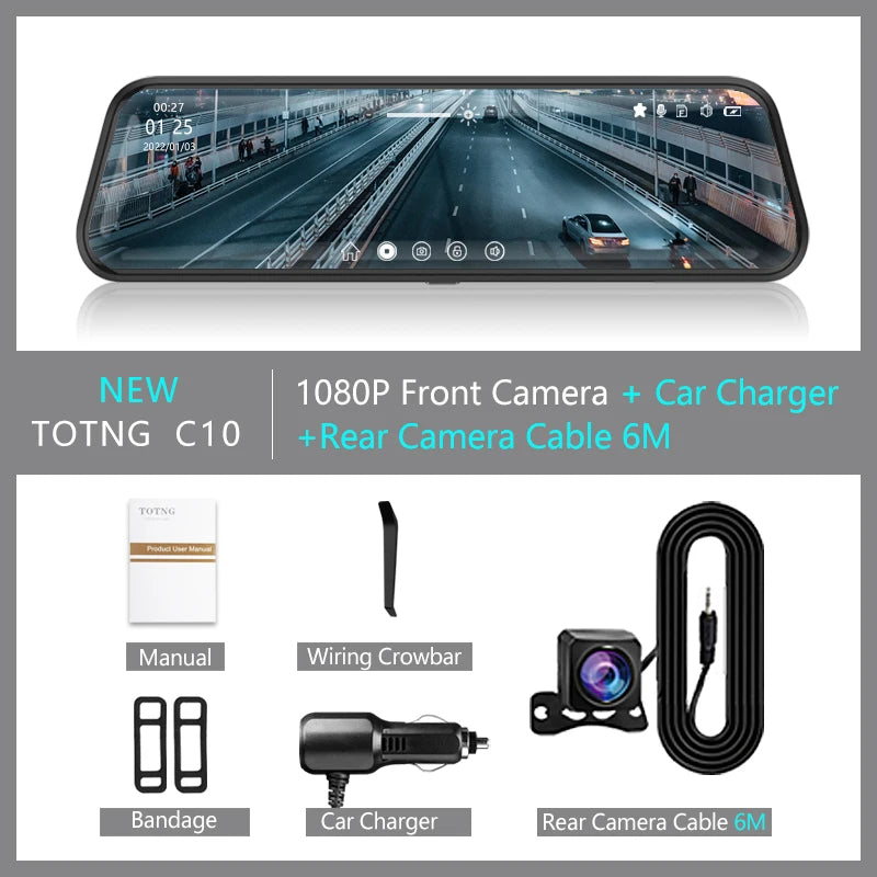 10 Inch Touch Screen Video Recorder Rearview Front and Rear Camera Mirror
