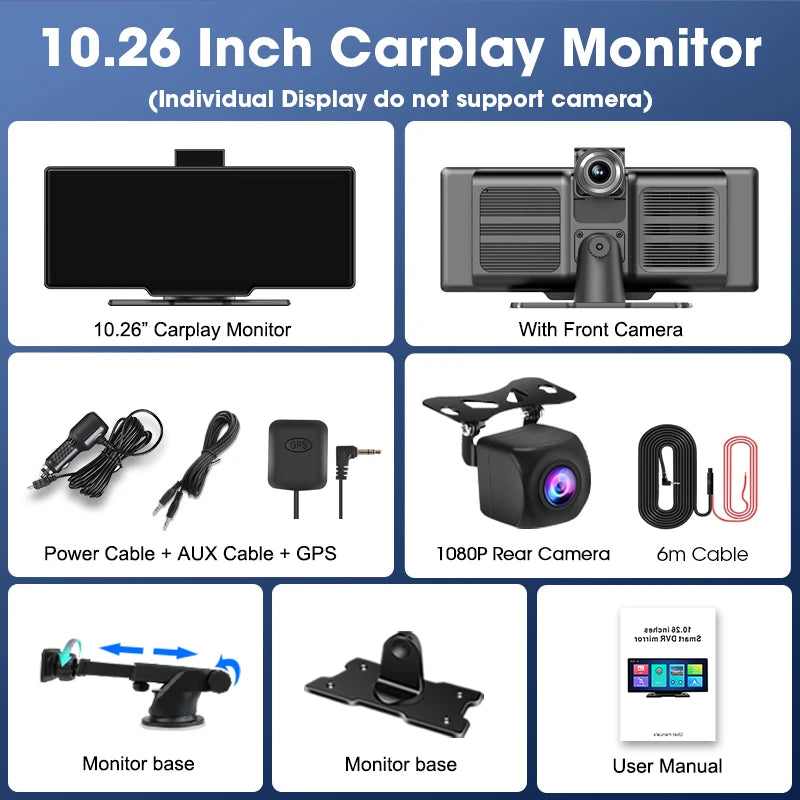 10.26'' Dash Cam 4K Car Mirror Video Player Wireless Auto GPS Car Monitor Multimedia Rearview Camera