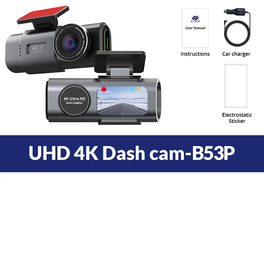 Dash Cam 4K UHD Recording Car Camera Night Vision Built-In Wi-Fi Support GPS 24H