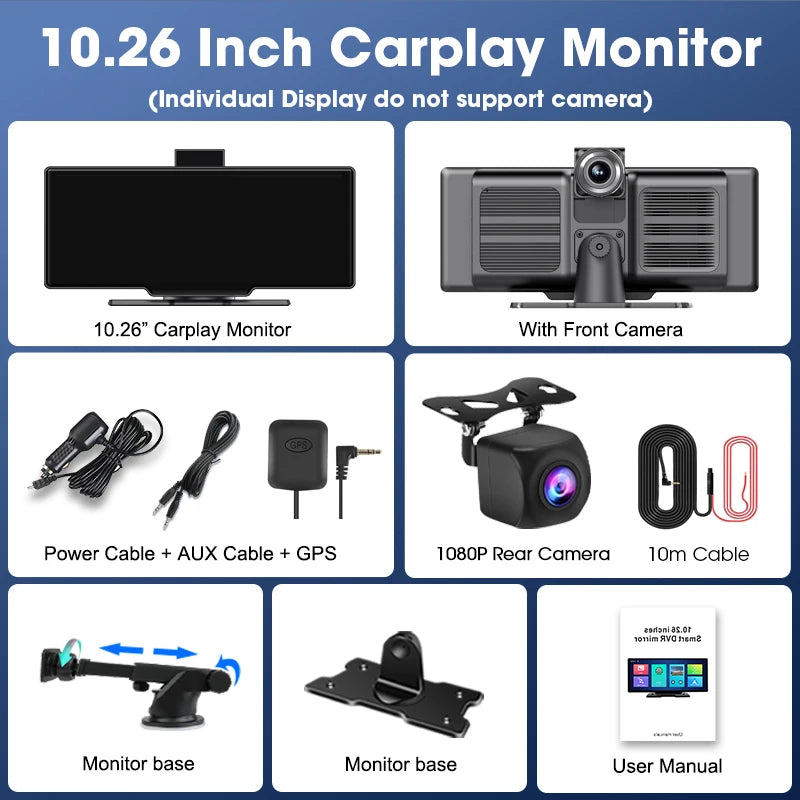 10.26'' Dash Cam 4K Car Mirror Video Player Wireless Auto GPS Car Monitor Multimedia Rearview Camera