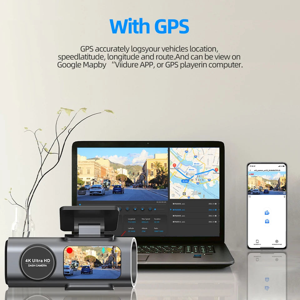 Dash Cam 4K UHD Recording Car Camera Night Vision Built-In Wi-Fi Support GPS 24H