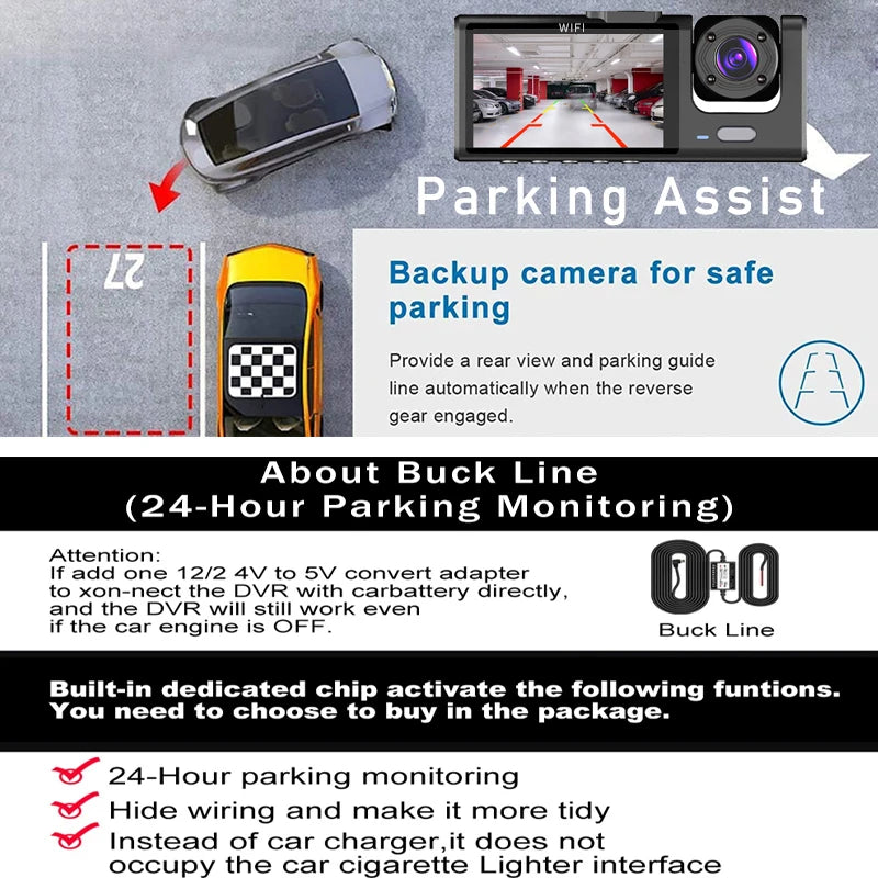3 Camera WIFI Dash Cam 1080P Three Way Channel