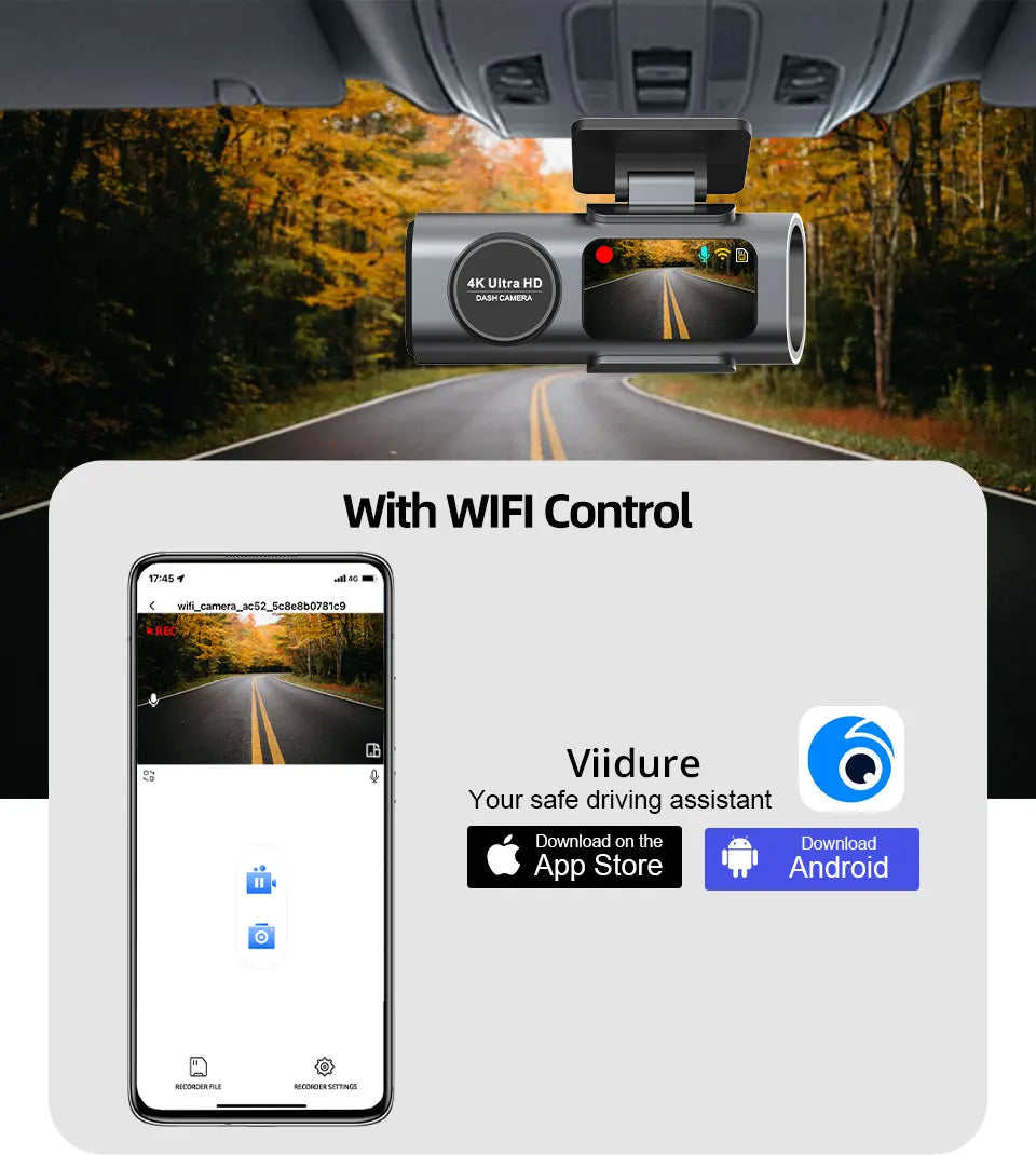 Dash Cam 4K UHD Recording Car Camera Night Vision Built-In Wi-Fi Support GPS 24H