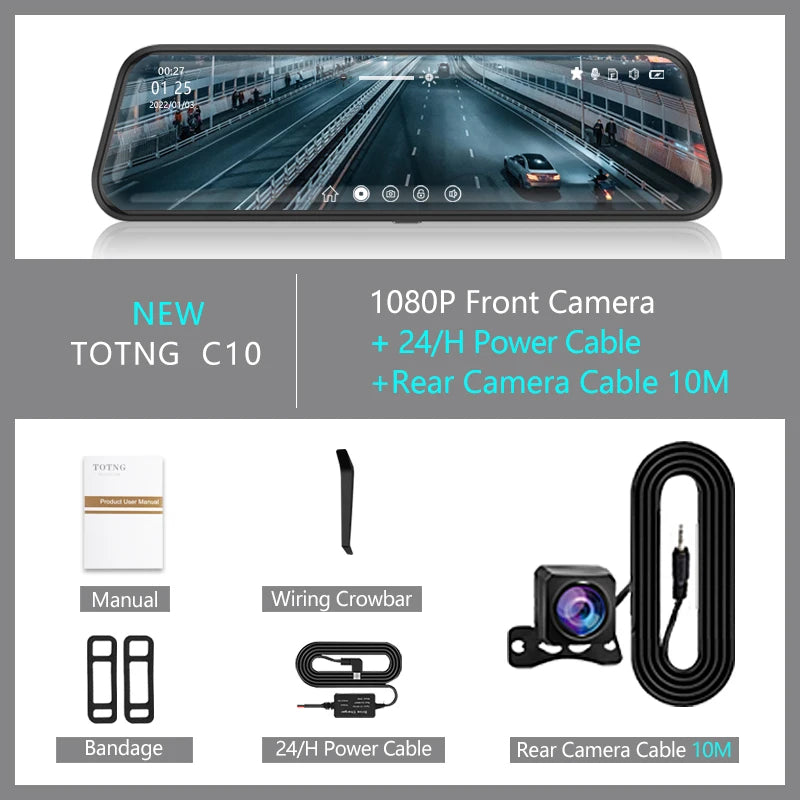 10 Inch Touch Screen Video Recorder Rearview Front and Rear Camera Mirror