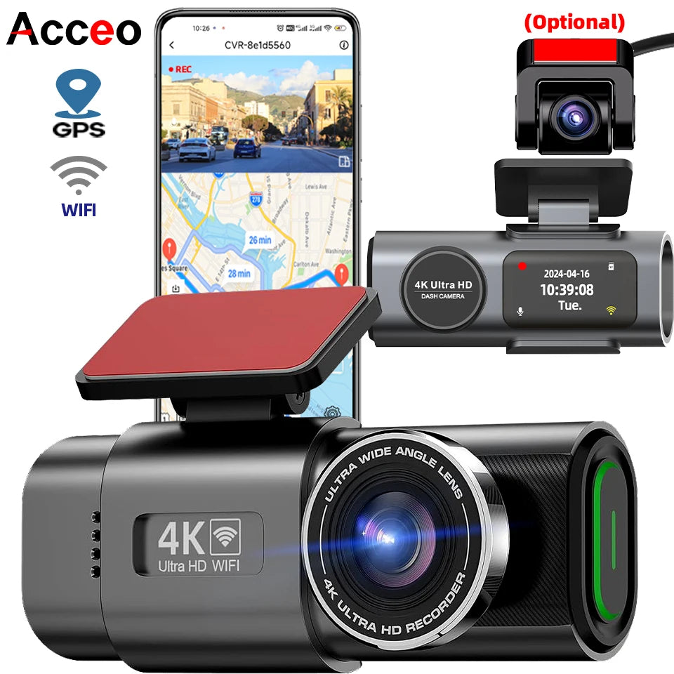 Dash Cam 4K UHD Recording Car Camera Night Vision Built-In Wi-Fi Support GPS 24H
