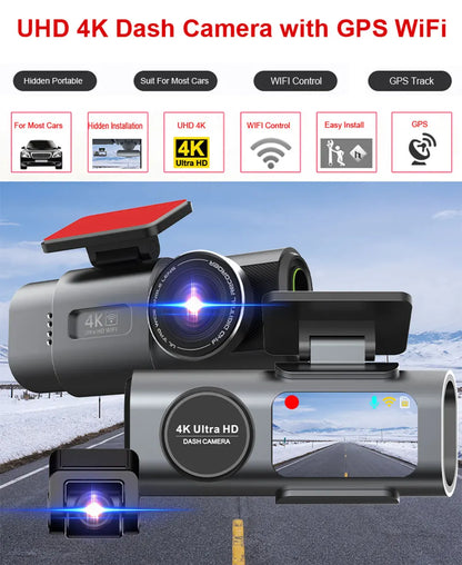 Dash Cam 4K UHD Recording Car Camera Night Vision Built-In Wi-Fi Support GPS 24H