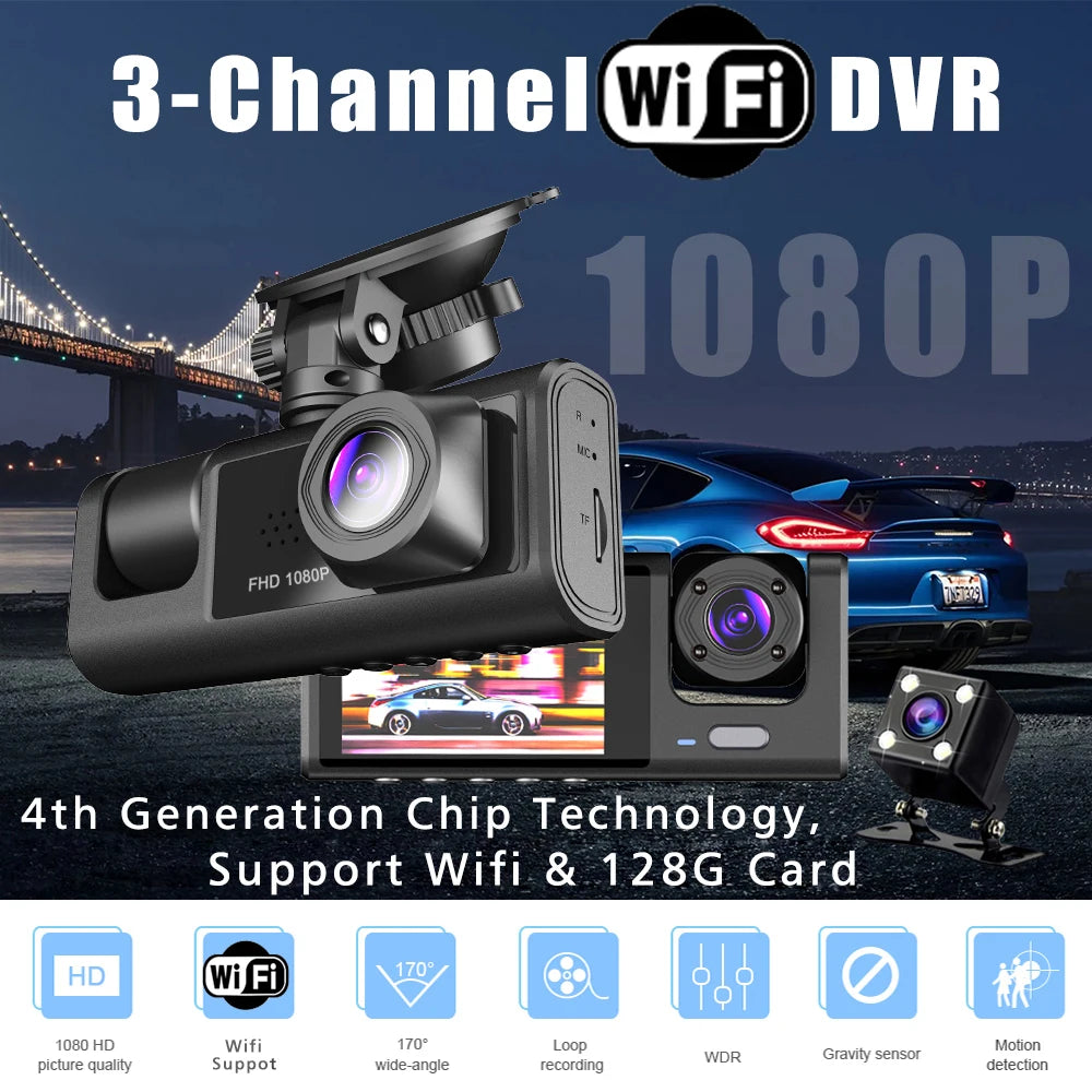 3 Camera WIFI Dash Cam 1080P Three Way Channel