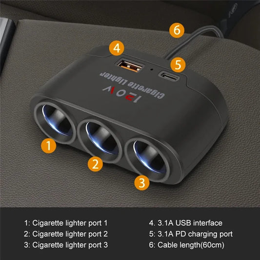 Dual USB Socket 3 in 1 Car Cigarette Lighter