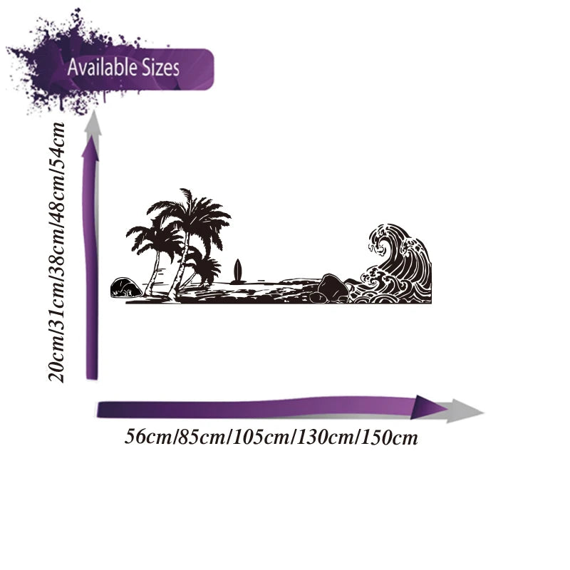 Large Beach Wave Palm Tree Car Sticker Decal Summer Surf Nature Ocean Landscape for Pickup Tailgate Camping Rv Caravan